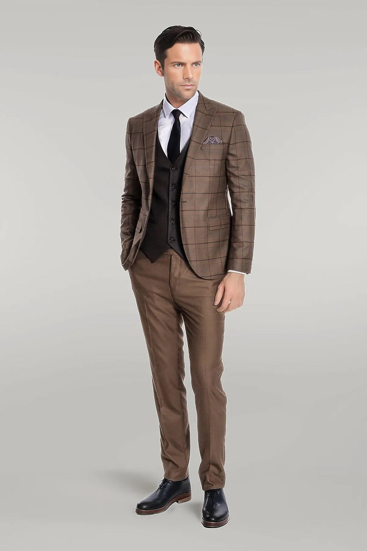 Slim Fit Checked Brown Men Suit - Wessi