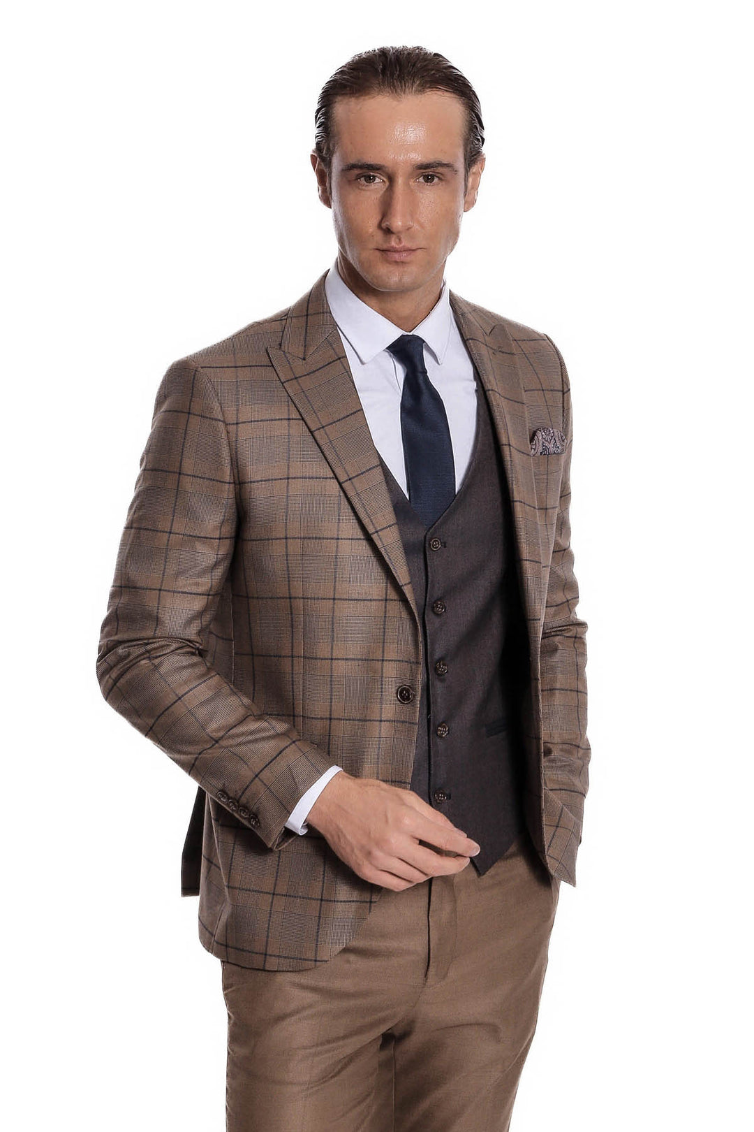Slim Fit Checked Brown Men Suit - Wessi