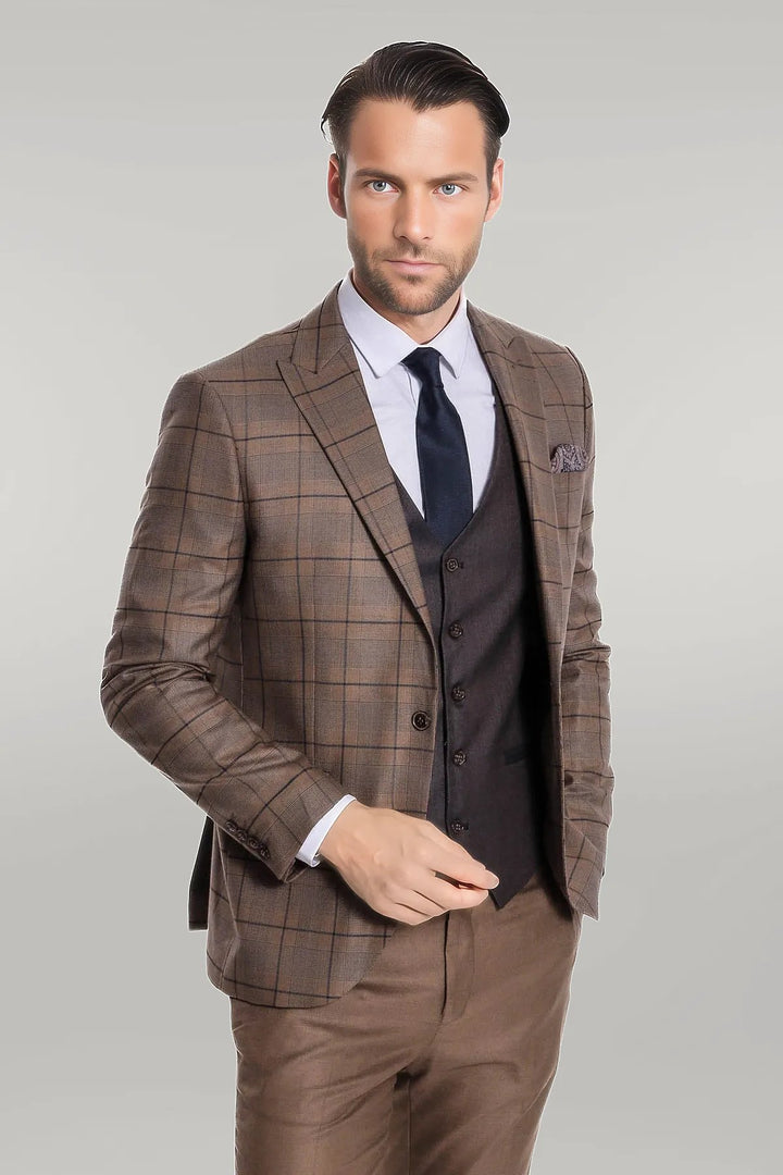 Slim Fit Checked Brown Men Suit - Wessi