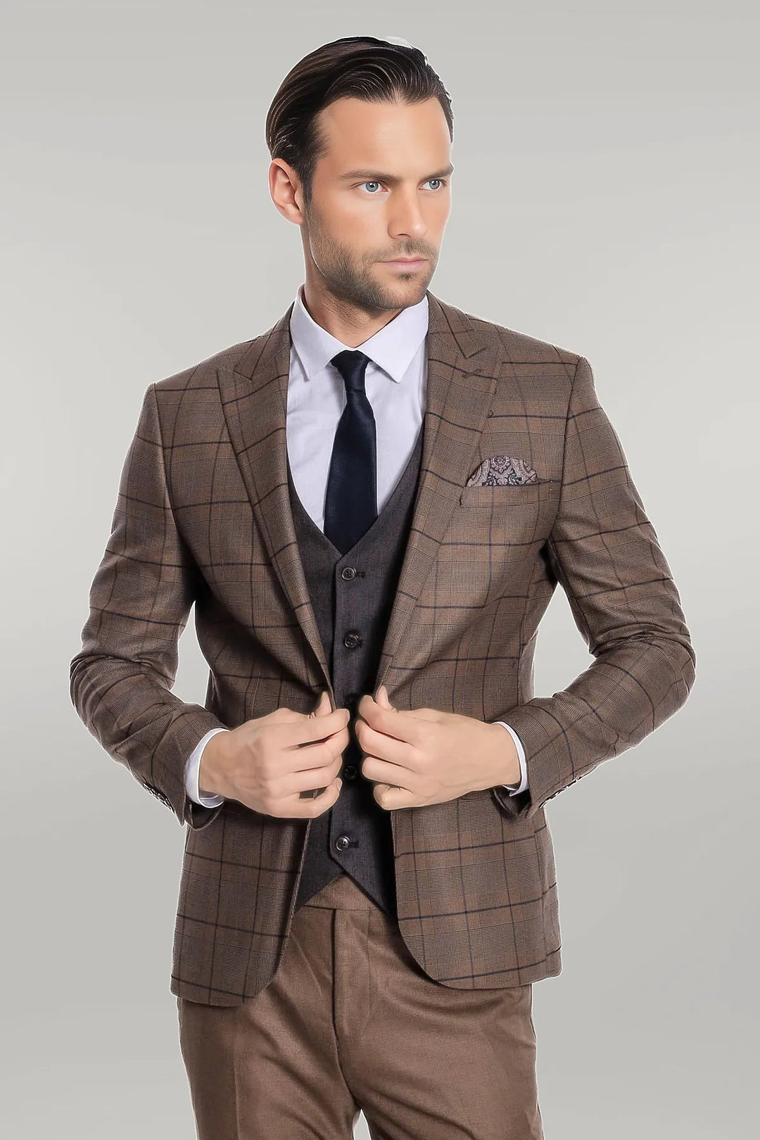 Slim Fit Checked Brown Men Suit - Wessi