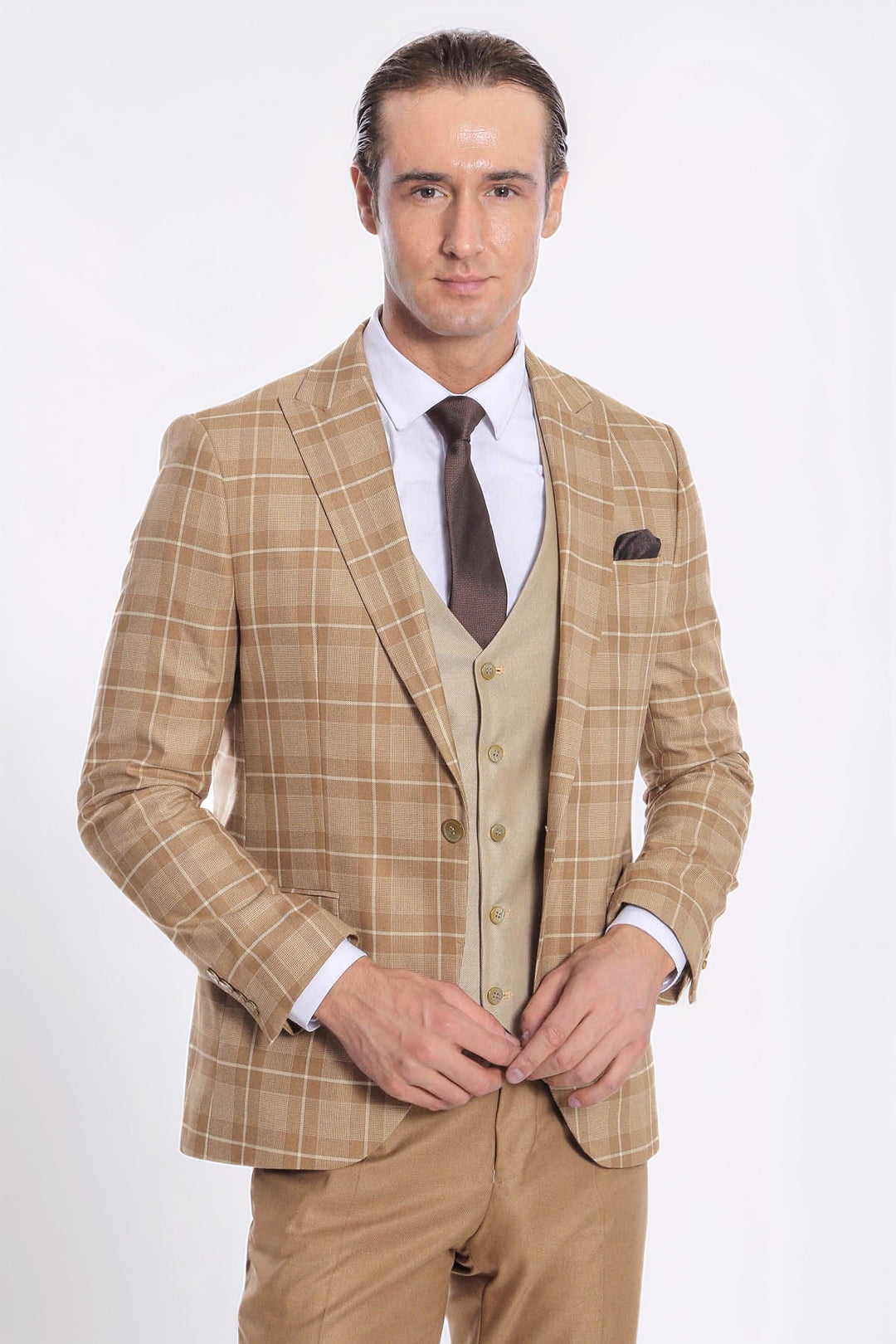 Slim Fit Checked Beige Men Suit - Wessi