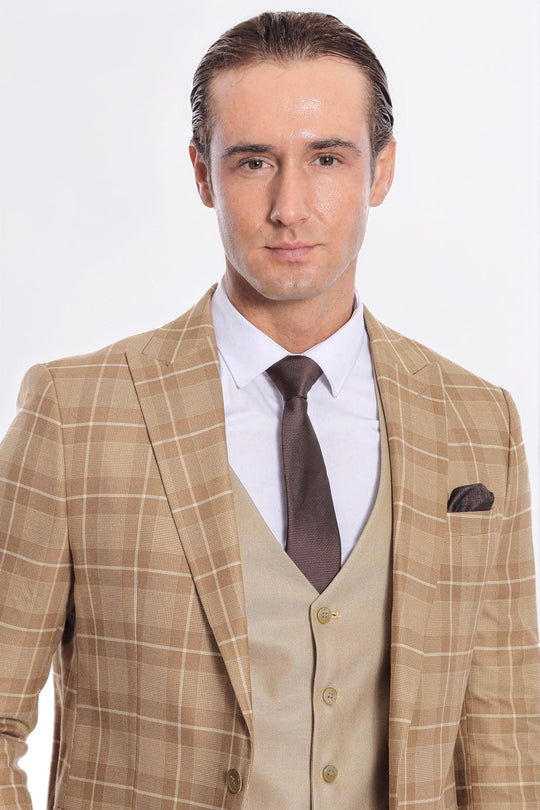 Traje de hombre beige a cuadros de corte entallado - Wessi