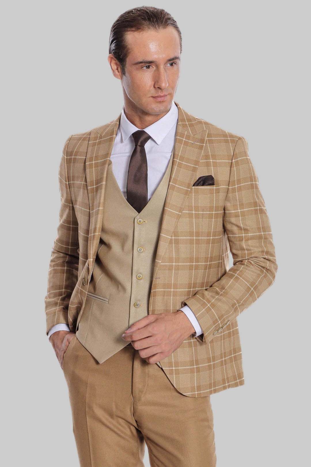 Slim Fit Checked Beige Men Suit - Wessi