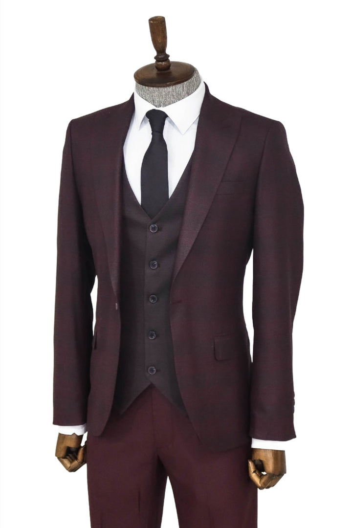 Slim Fit Checked Burgundy Men Suit - Wessi