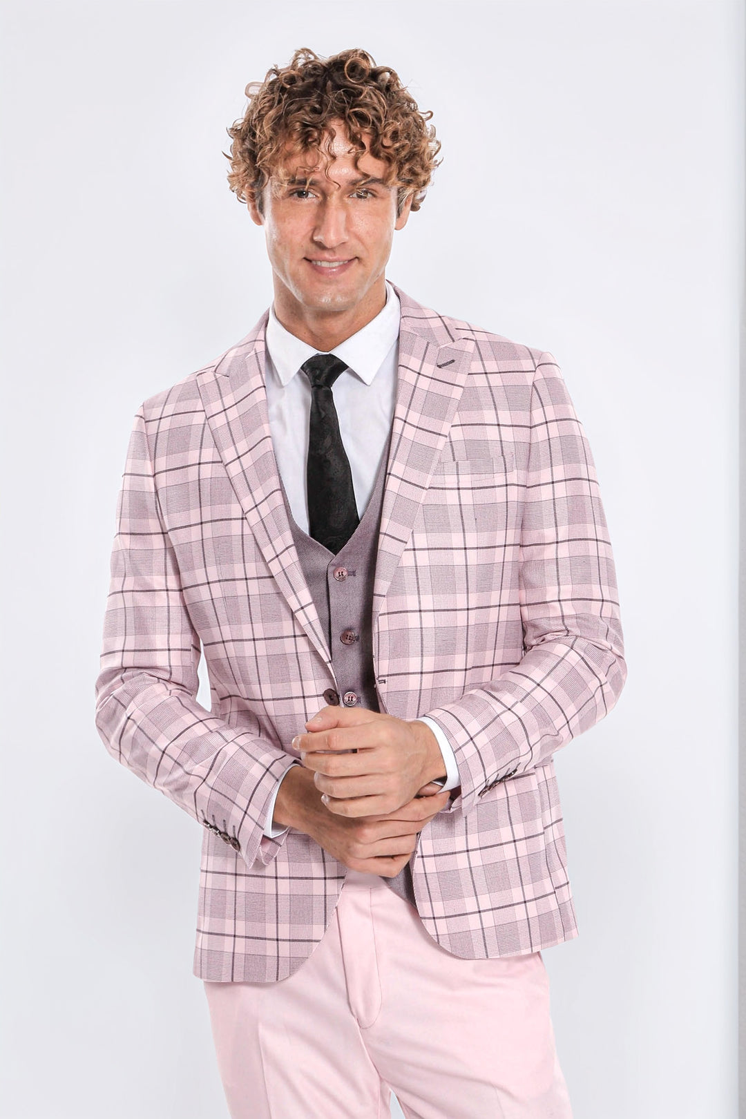 Checked Slim Fit Pink Men Suit - Wessi