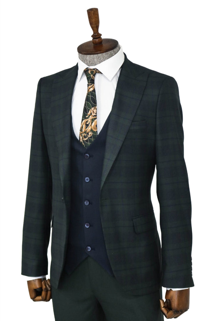 Slim Fit Checked Green Men Suit - Wessi