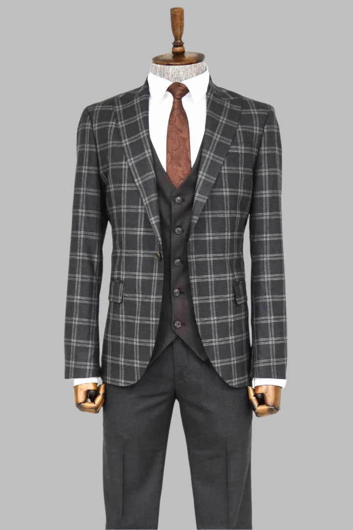 Checked Patterned Slim Fit Black Men Suit - Wessi