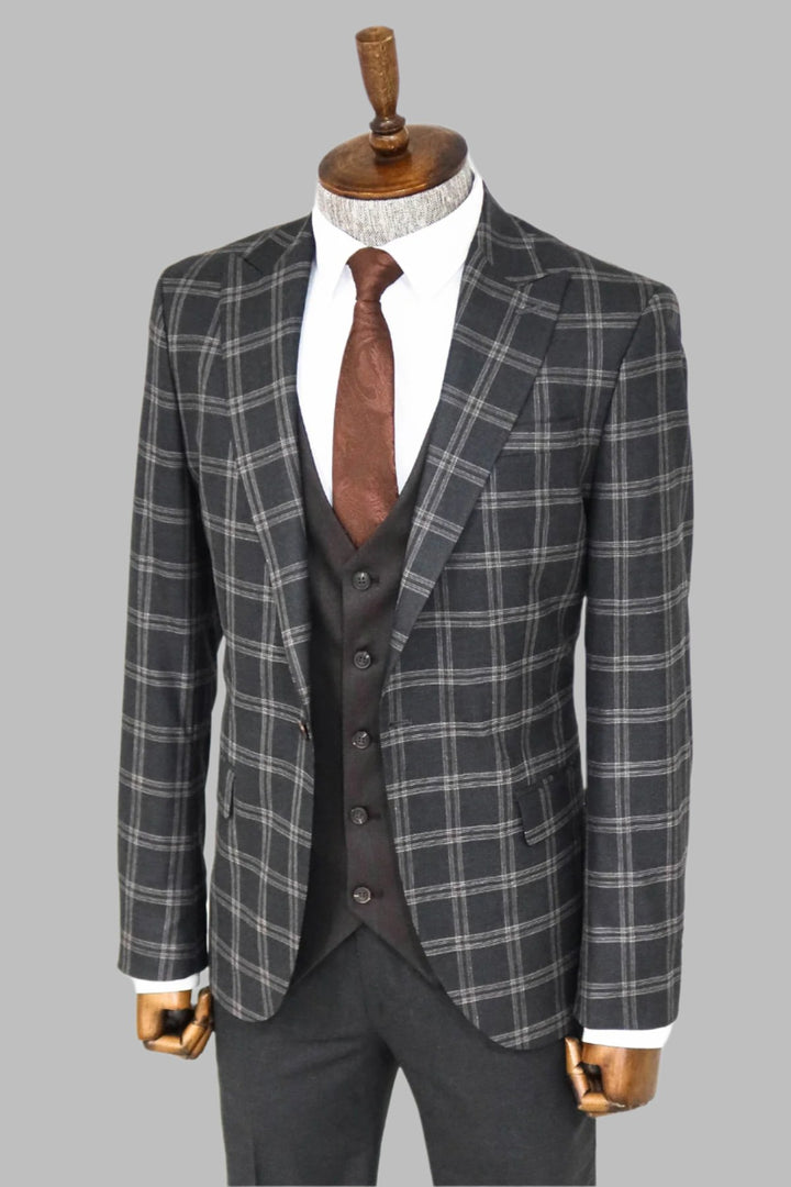 Checked Patterned Slim Fit Black Men Suit - Wessi