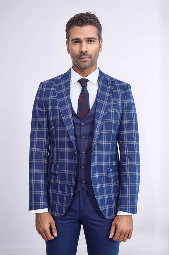 Traje combinado de hombre azul marino a cuadros con solapa de pico y corte entallado