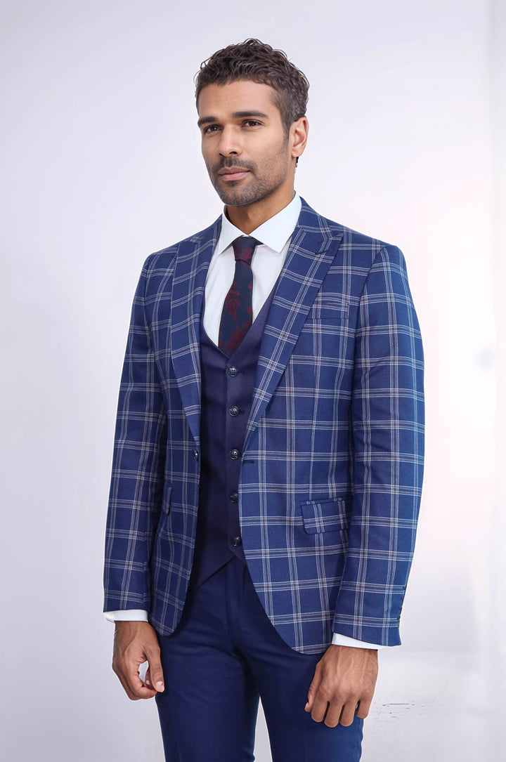 Slim Fit Vested Peak Lapel Checked Navy Blue Men Combination Suit