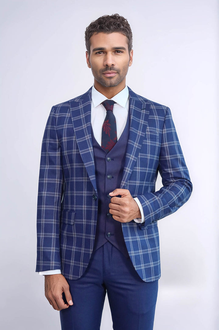 Slim Fit Vested Peak Lapel Checked Navy Blue Men Combination Suit