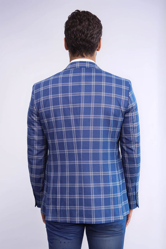 Traje combinado de hombre azul marino a cuadros con solapa de pico y corte entallado