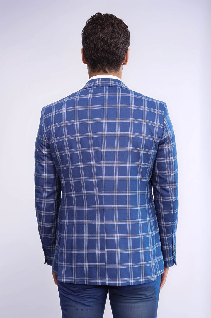 Slim Fit Vested Peak Lapel Checked Navy Blue Men Combination Suit