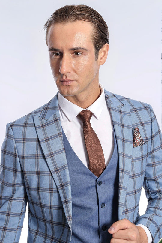 Traje de hombre azul slim fit a cuadros estampado - Wessi
