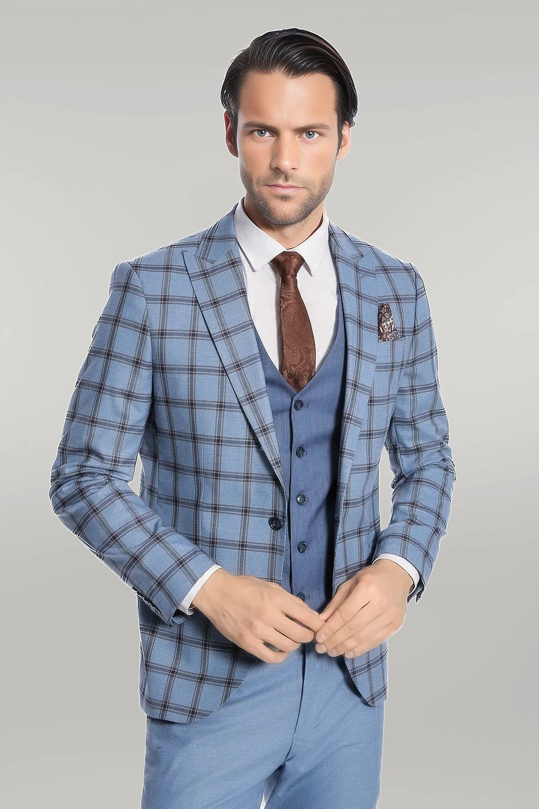 Checked Patterned Slim Fit Blue Men Suit - Wessi