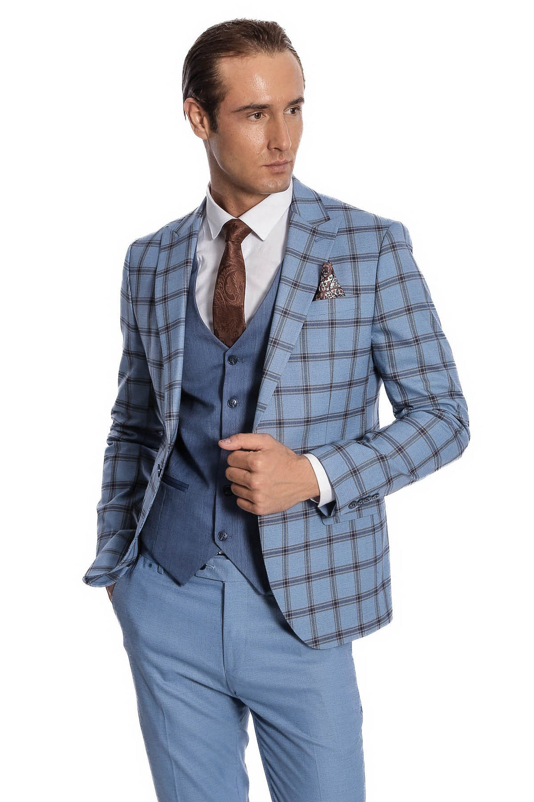 Checked Patterned Slim Fit Blue Men Suit - Wessi
