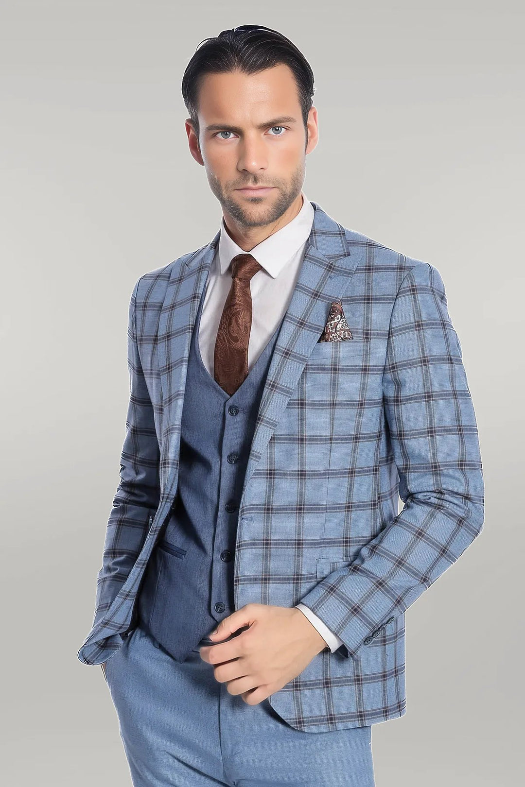 Checked Patterned Slim Fit Blue Men Suit - Wessi