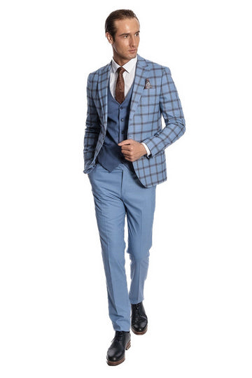 Traje de hombre azul slim fit a cuadros estampado - Wessi