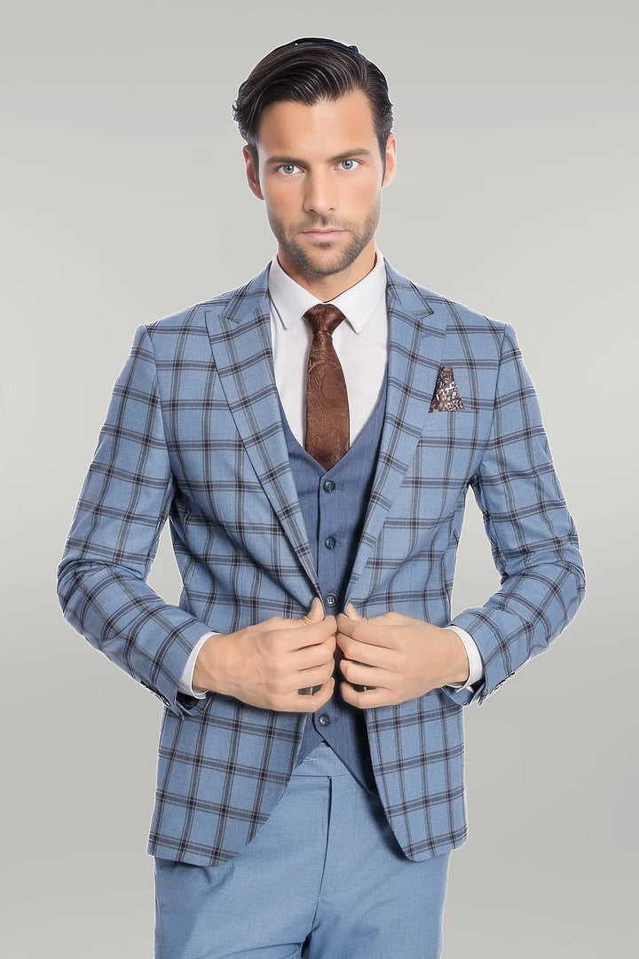 Checked Patterned Slim Fit Blue Men Suit - Wessi