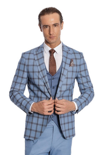 Traje de hombre azul slim fit a cuadros estampado - Wessi