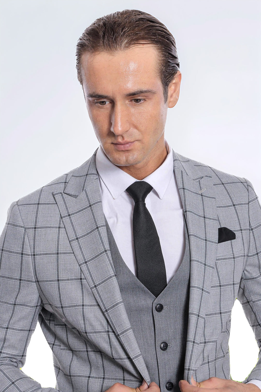 Checked Patterned Slim Fit Grey Men Suit - Wessi