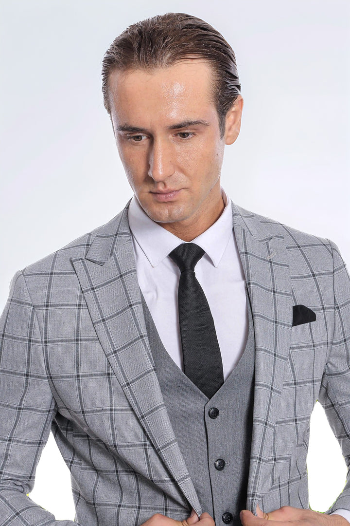 Checked Patterned Slim Fit Grey Men Suit - Wessi