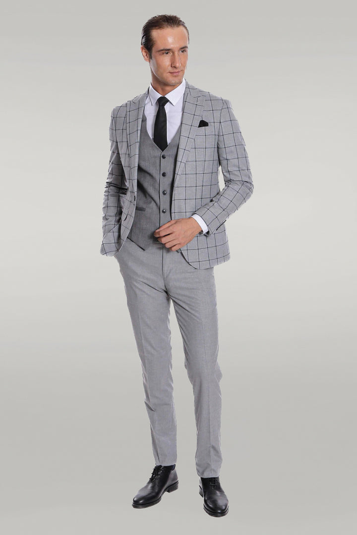 Costume Homme Gris Coupe Slim à Carreaux - Wessi