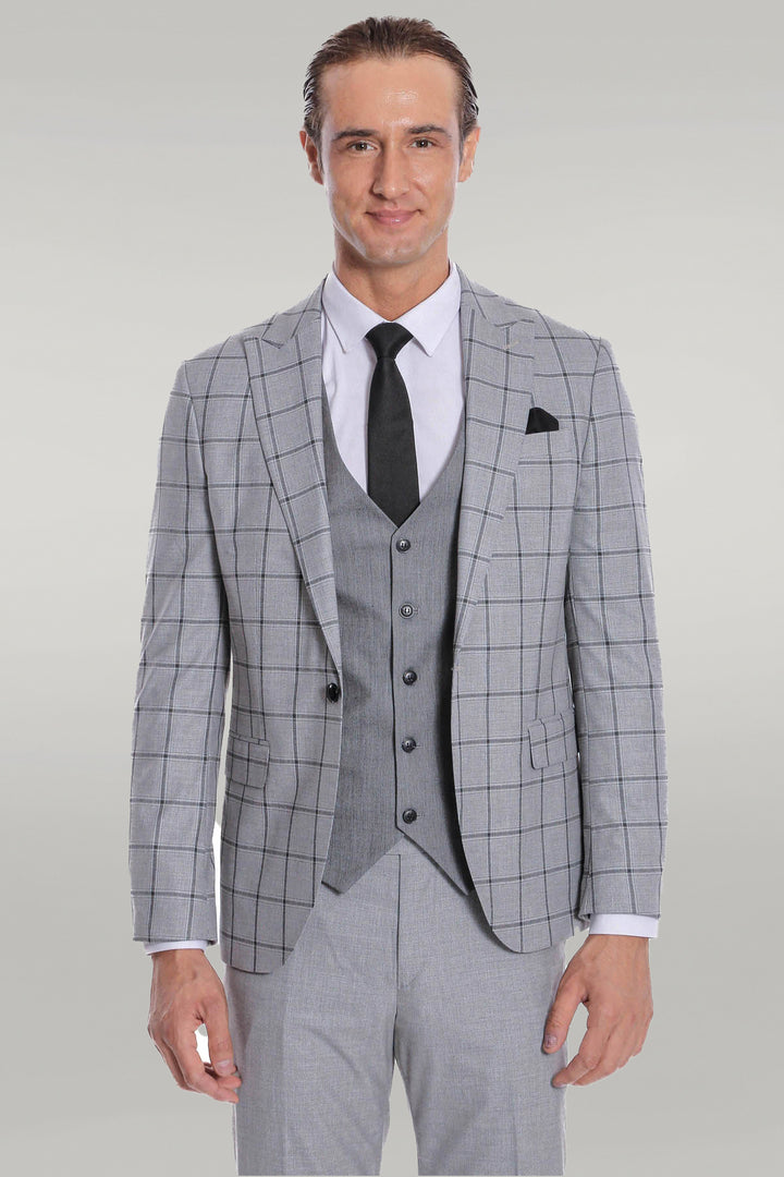 Costume Homme Gris Coupe Slim à Carreaux - Wessi