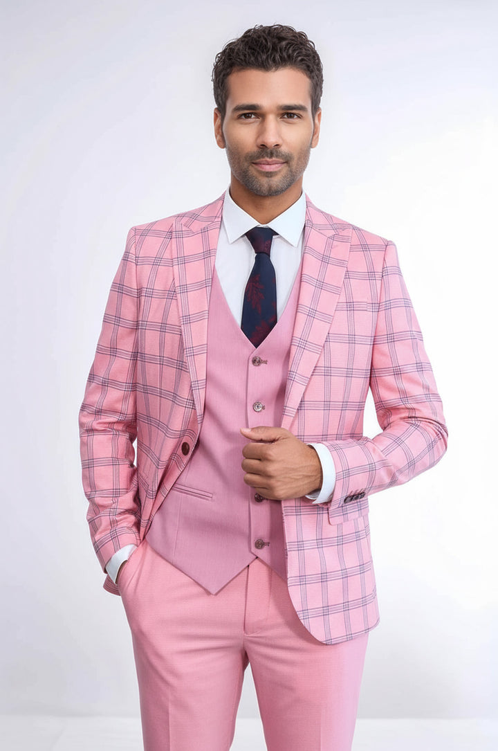 Checked Patterned Slim Fit Pink Men Suit - Wessi