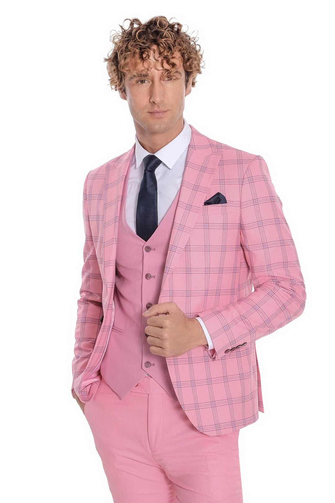 Checked Patterned Slim Fit Pink Men Suit - Wessi