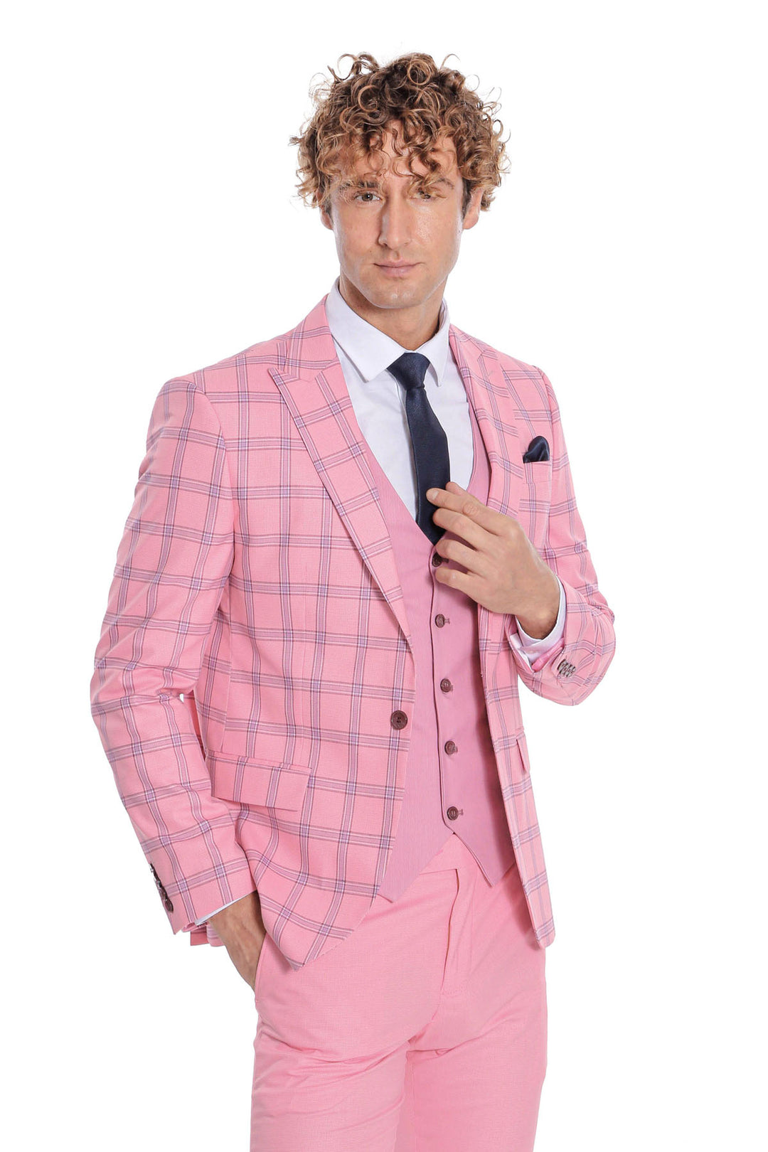 Checked Patterned Slim Fit Pink Men Suit - Wessi