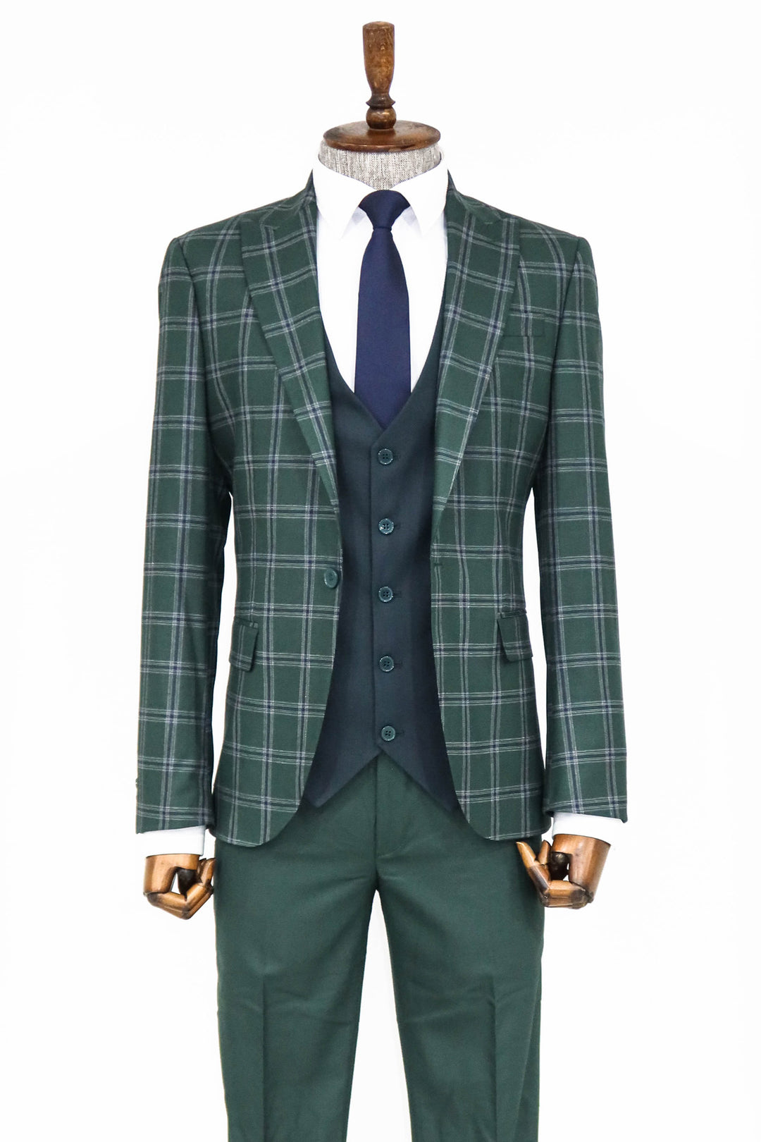 Checked Patterned Slim Fit Green Men Suit and Shirt Combination - Wessi