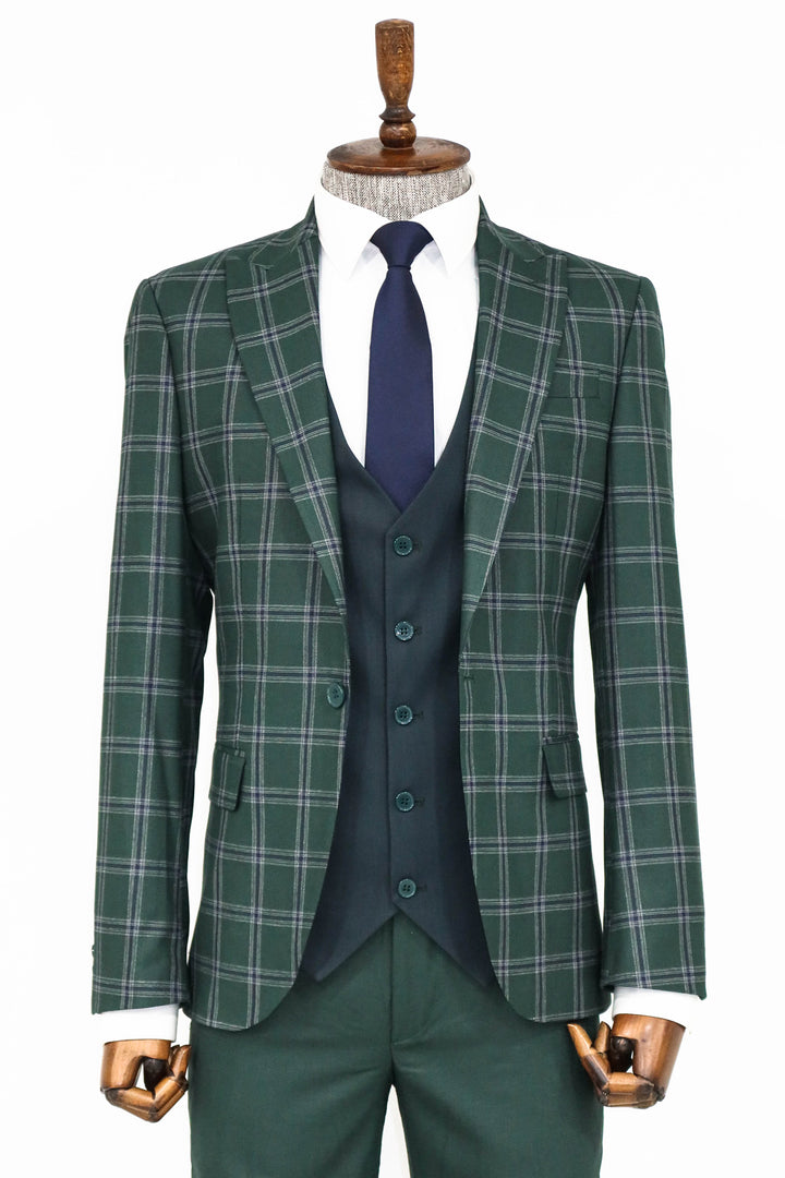 Checked Patterned Slim Fit Green Men Suit and Shirt Combination - Wessi