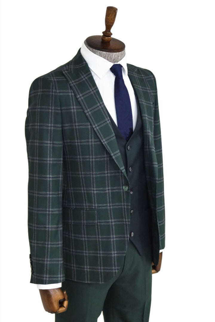 Checked Patterned Slim Fit Green Men Suit and Shirt Combination - Wessi