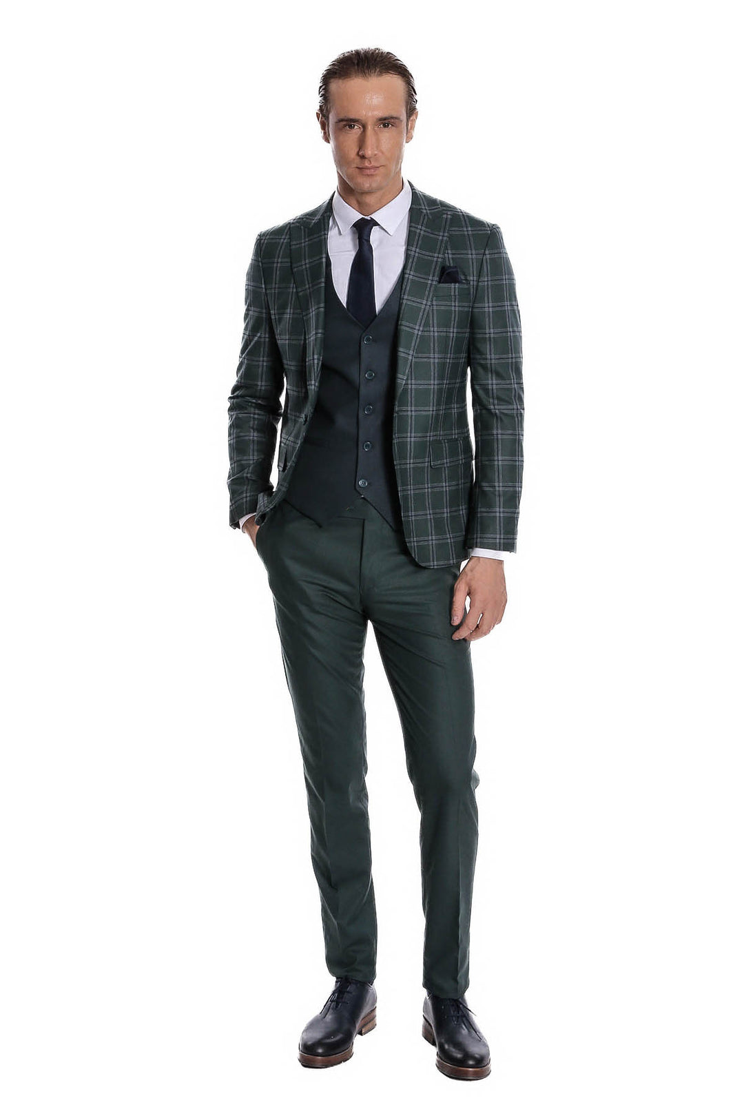 Checked Patterned Slim Fit Green Men Suit - Wessi
