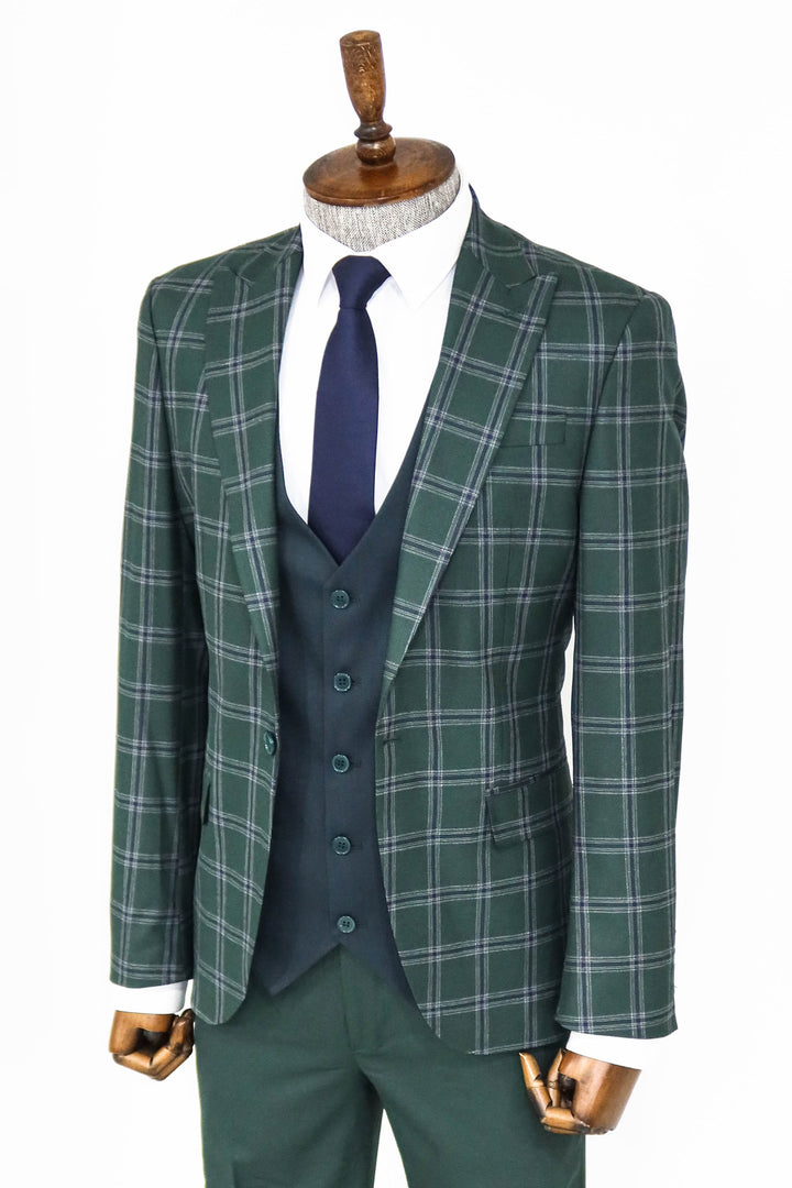 Checked Patterned Slim Fit Green Men Suit and Shirt Combination - Wessi