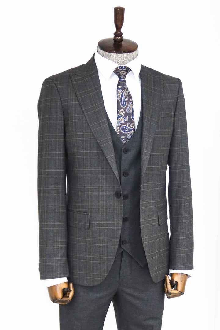 Checked Slim Fit Anthracite Men Suit and Shirt Combination - Wessi