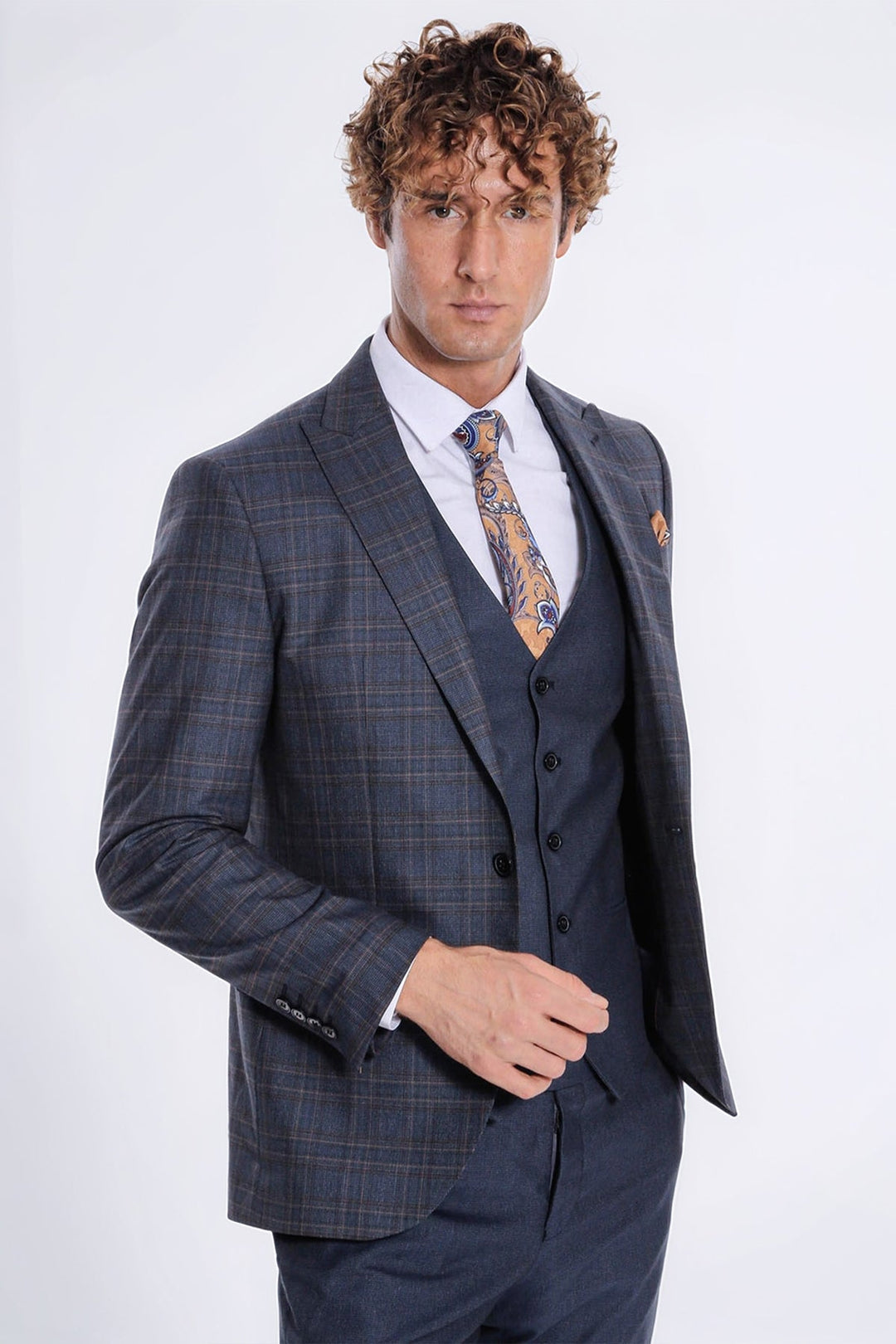 Checked Slim Fit Navy Blue Men Suit - Wessi