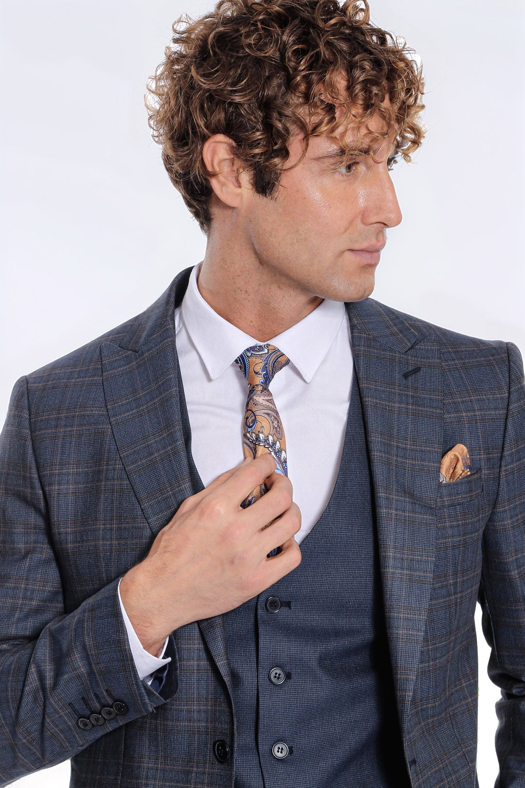 Checked Slim Fit Navy Blue Men Suit - Wessi