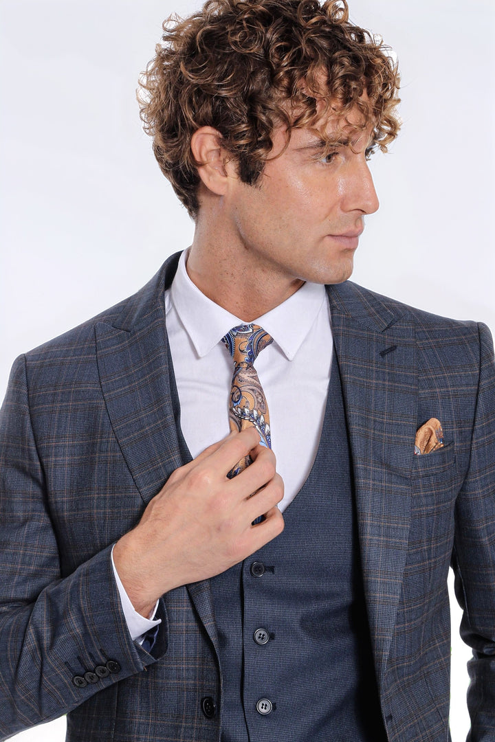 Checked Slim Fit Navy Blue Men Suit - Wessi