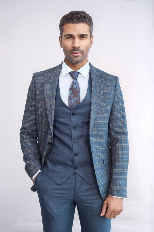 Traje de hombre azul de corte entallado a cuadros - Wessi