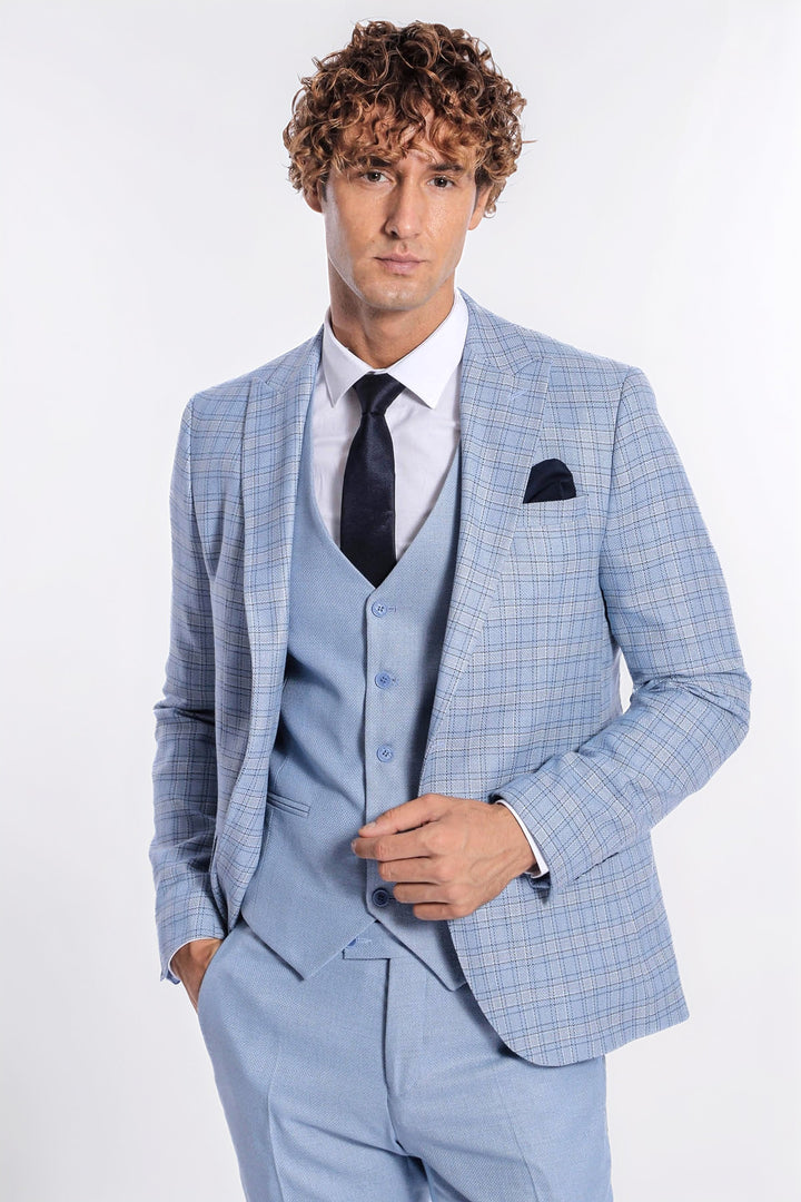 Checked Slim Fit Light Blue Men Suit - Wessi