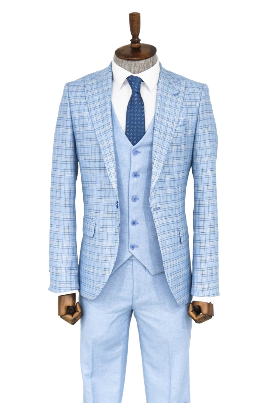 Checked Slim Fit Light Blue Men Suit and Shirt Combination- Wessi