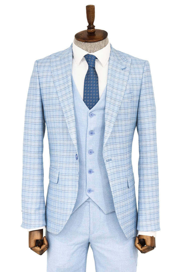 Checked Slim Fit Light Blue Men Suit and Shirt Combination- Wessi