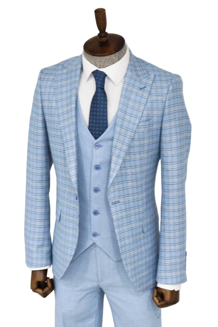 Checked Slim Fit Light Blue Men Suit and Shirt Combination- Wessi