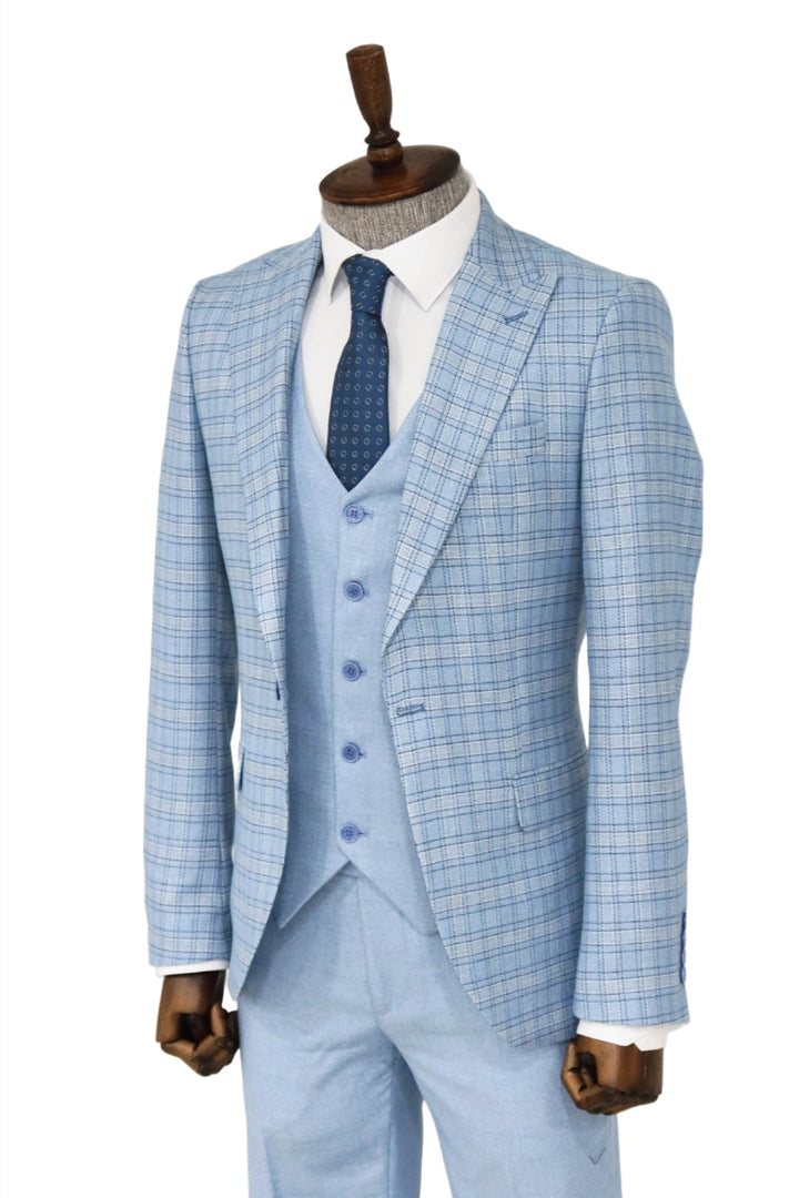 Checked Slim Fit Light Blue Men Suit and Shirt Combination- Wessi