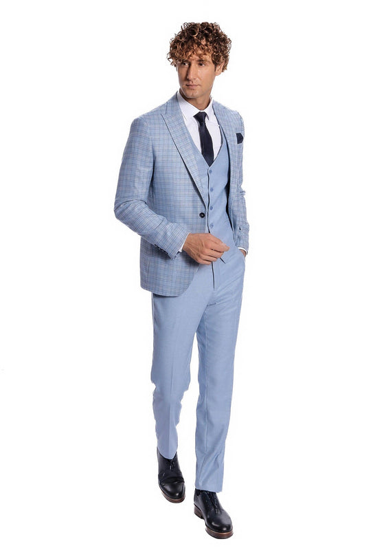 Traje de hombre a cuadros slim fit azul claro - Wessi