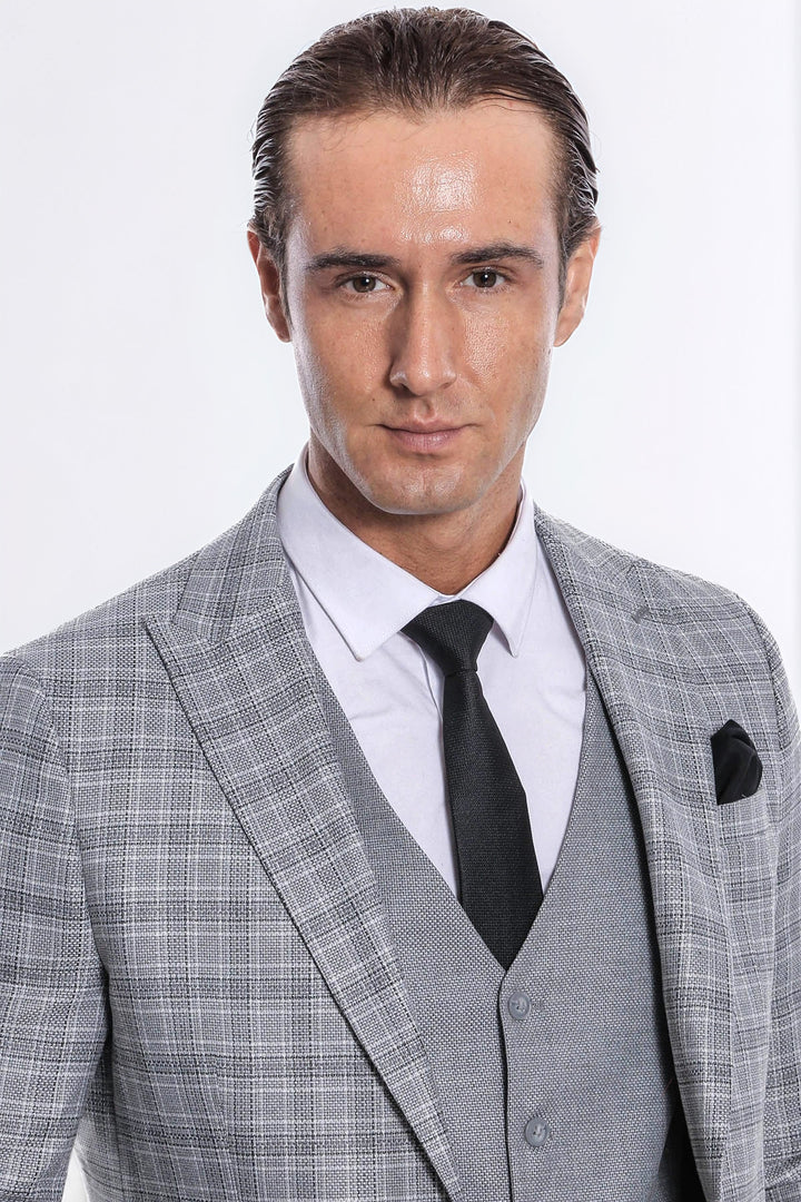 Checked Slim Fit Light Grey Men Suit - Wessi