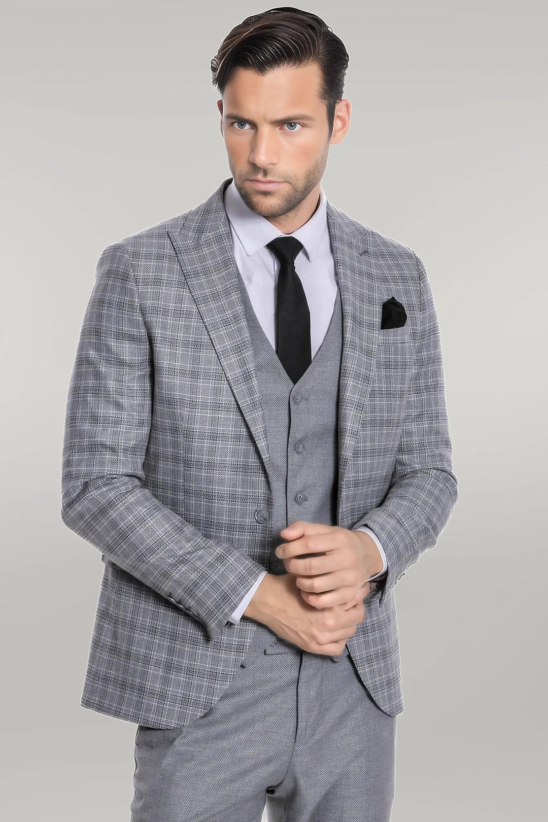 Checked Slim Fit Light Grey Men Suit - Wessi