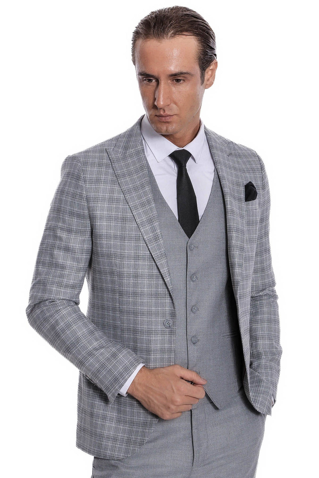 Abito da uomo grigio chiaro slim fit a quadri - Wessi